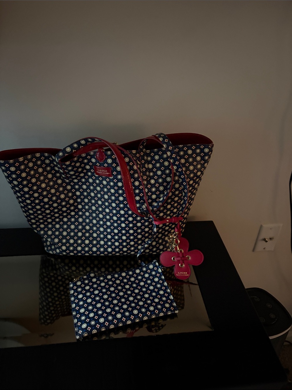 Polo by Ralph Lauren Navy Geometric Tote with Pink Trim and Charm